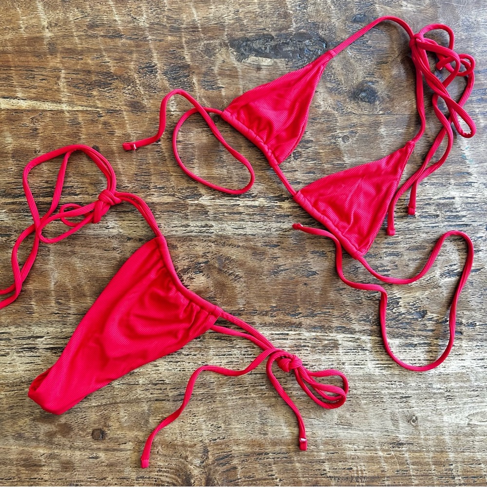 Micro ribbed red thong bikini